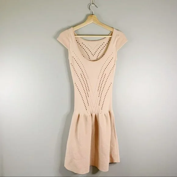 Maje Majeeryne Knit Fitted Lazer Mini Dress Light Pink  Flare Ruffle 2 EU 38 M - Picture 3 of 11